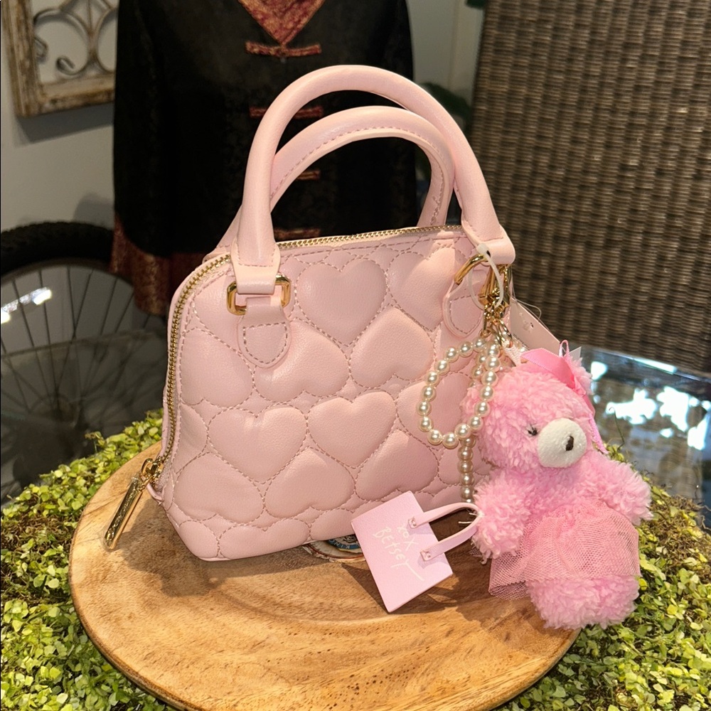 Betsey Johnson Blush Pink Heart Quilted Mini Bag with Teddy Charm 8”x 6”x 3” NWT - Picture 7 of 10